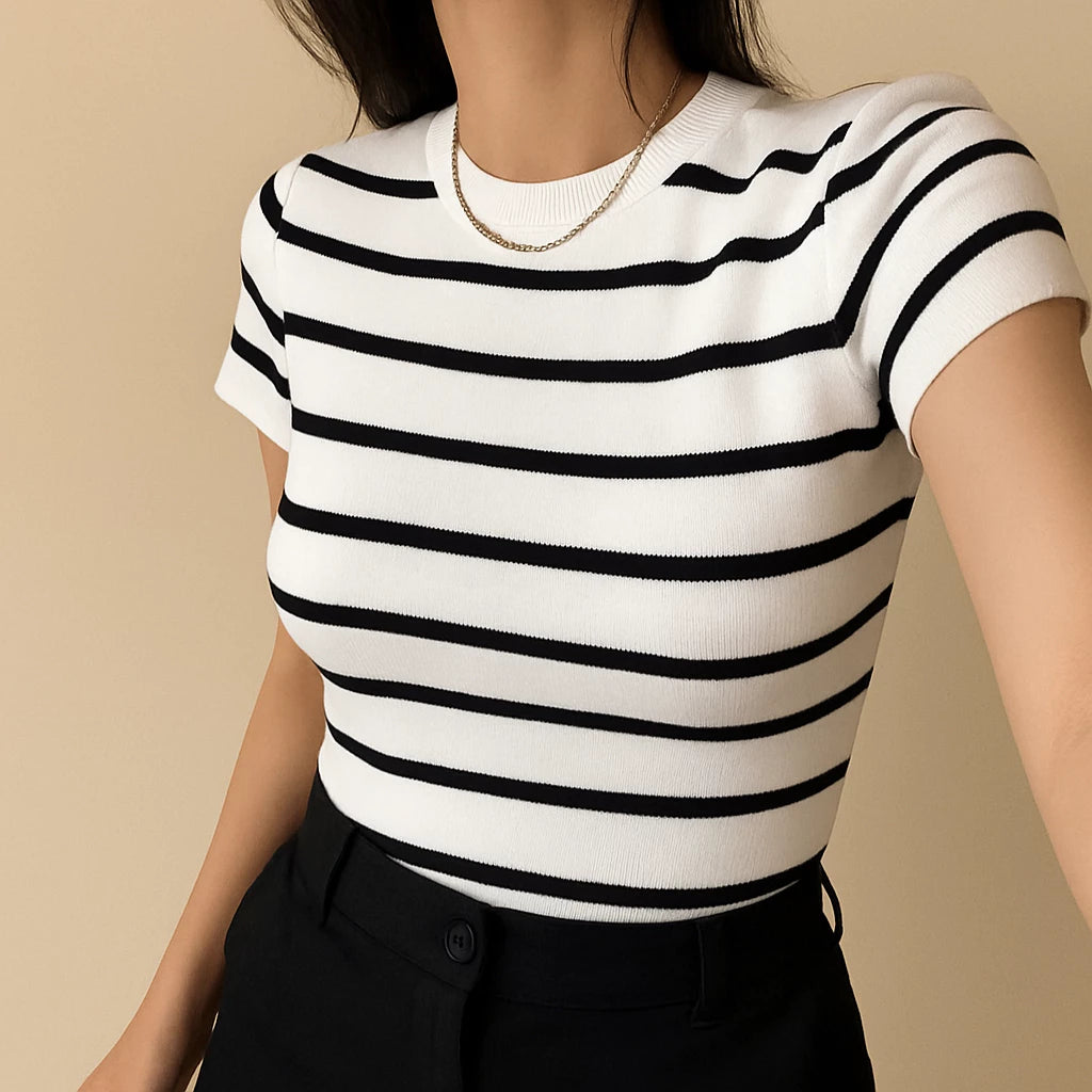 Blusa Feminina Listrada Casual Com Manga Curta Moda Trico