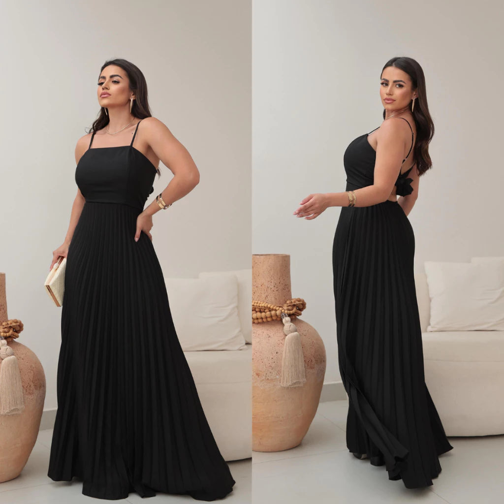 VESTIDO LONGO FEMININO PLISSADO COM BOJO