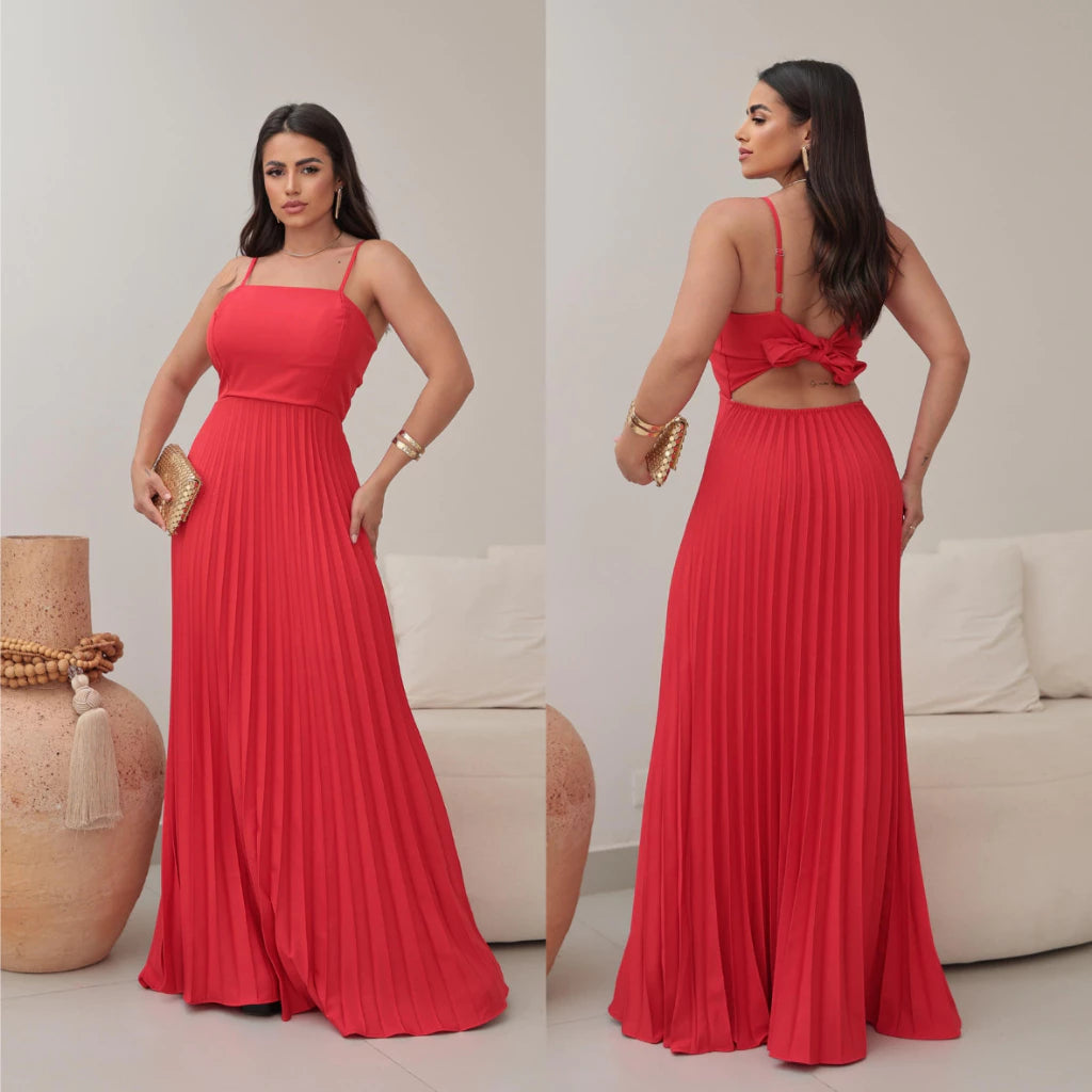 VESTIDO LONGO FEMININO PLISSADO COM BOJO