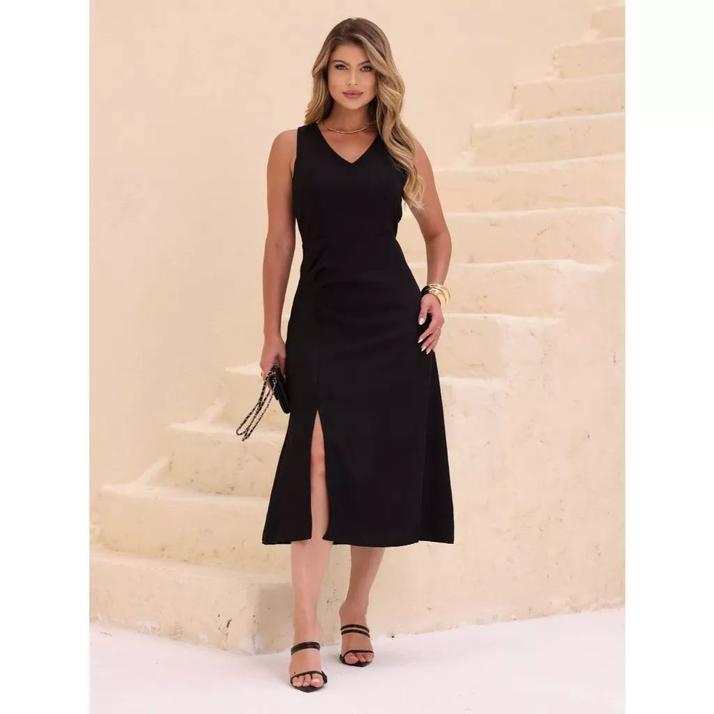 Vestido Midi Feminino Decote V com Pregas Laterais – Moderno, elegante e com caimento que valoriza